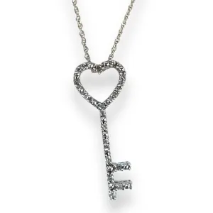 10K White Gold Heart-Key Pendant with Sparkling Diamonds