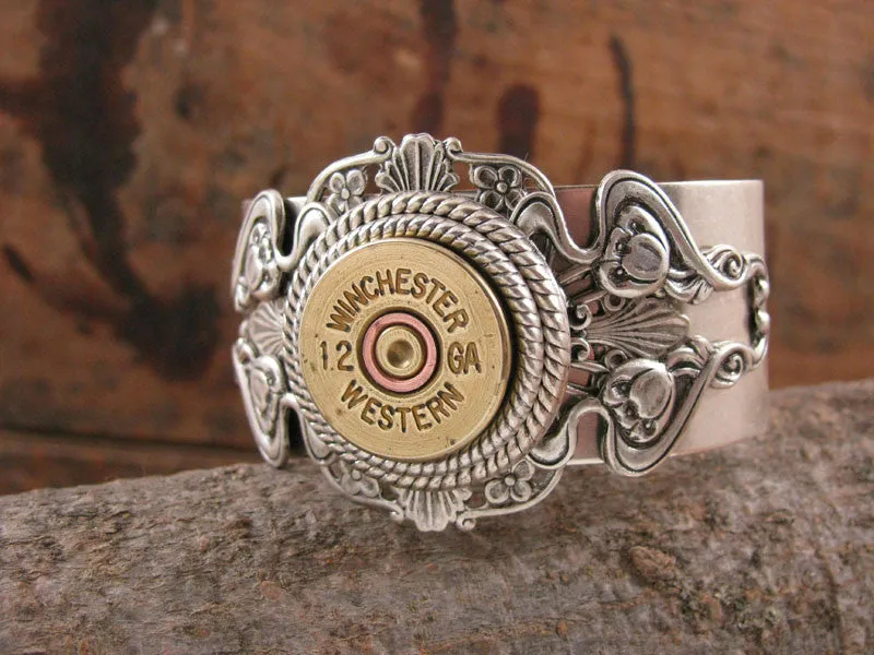 12 Gauge Stacked Filigree Silver Shotshell Cuff Bracelet