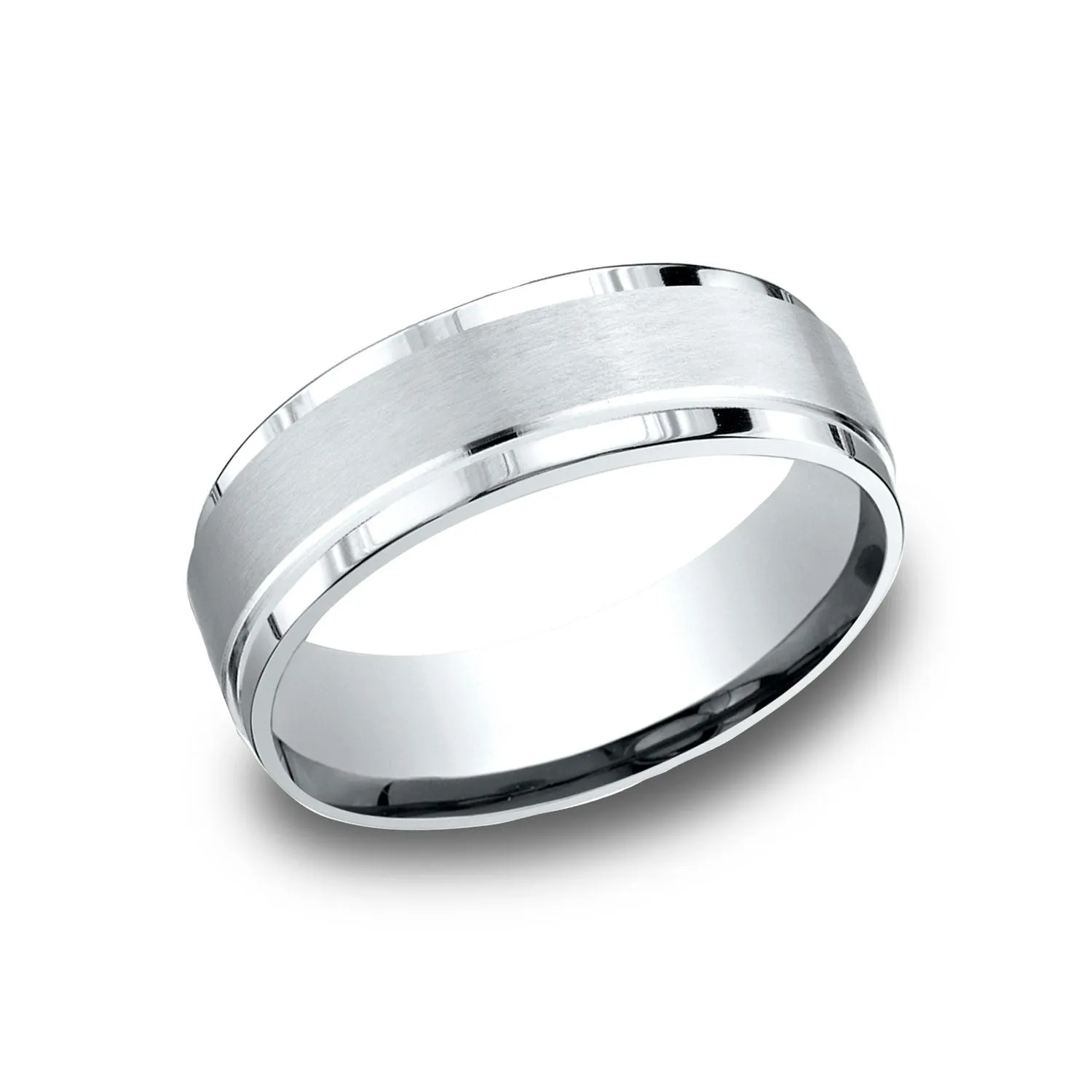 14 Karat White Gold 7mm Comfort-fit Bright Edge Satin Finish Center Design Band