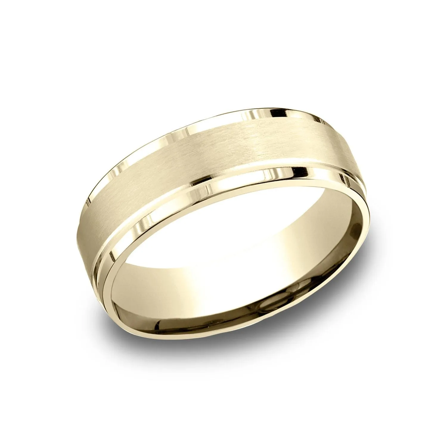 14 Karat Yellow Gold 7mm Comfort-fit Bright Edge Satin Finish Center Design Band