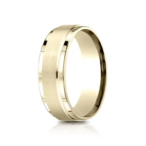 14 Karat Yellow Gold 7mm Comfort-fit Bright Edge Satin Finish Center Design Band