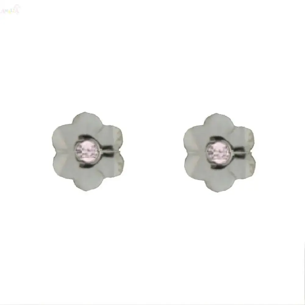 18K Solid White Gold Flower Pink Zirconia Screwback Earrings