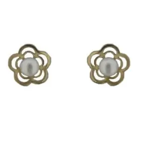 18K Solid Yellow Gold 3 mm Pearl Flower Screwback Earrings