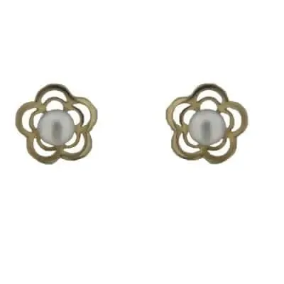 18K Solid Yellow Gold 3 mm Pearl Flower Screwback Earrings