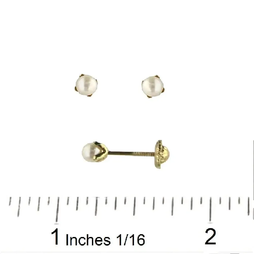 18K Solid Yellow Gold 3mm. Cultivated Pearl Stud Covered Screwback Earrings