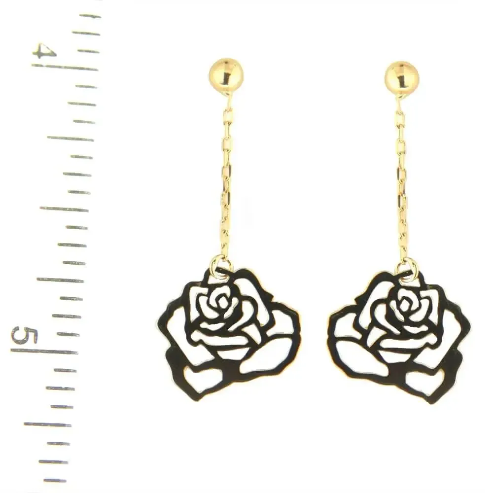 18K Solid Yellow Gold Rose Design Dangle Post Earrings