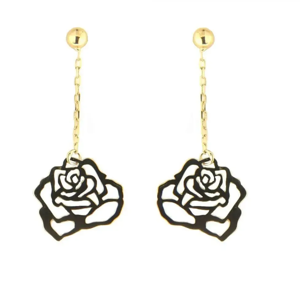 18K Solid Yellow Gold Rose Design Dangle Post Earrings