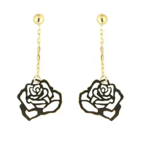 18K Solid Yellow Gold Rose Design Dangle Post Earrings