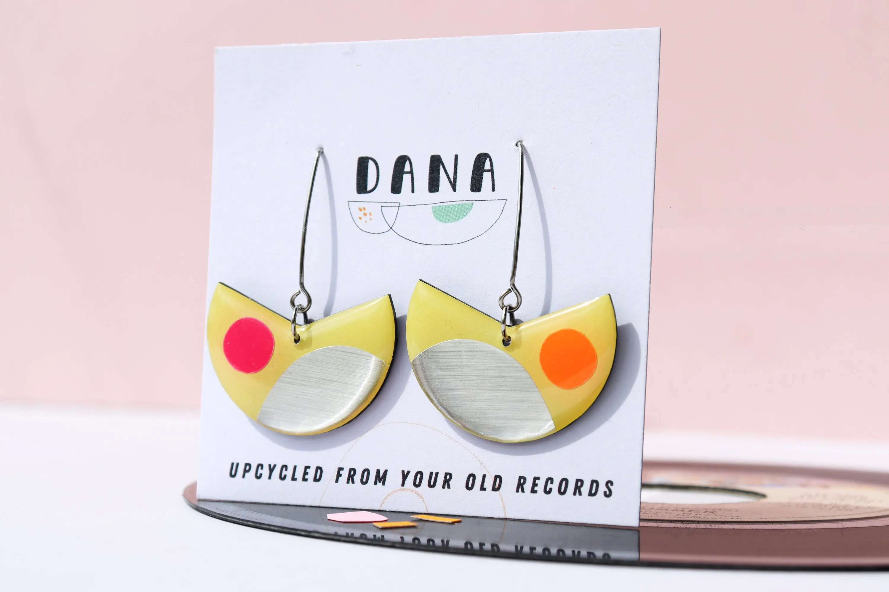 20% OFF 2 pairs left / PACMAN in pastel yellow, hot pink and neon orange / upcycled from your old records