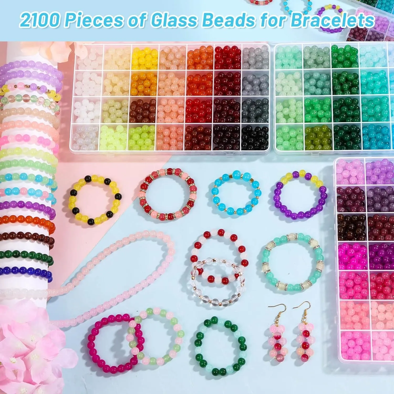 2100 Pieces 8Mm round Glass Beads for Bracelets, 84 Colors Crystal Glass Beads for Jewelry Making and DIY Crafts