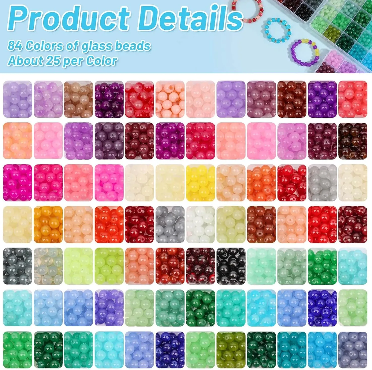 2100 Pieces 8Mm round Glass Beads for Bracelets, 84 Colors Crystal Glass Beads for Jewelry Making and DIY Crafts