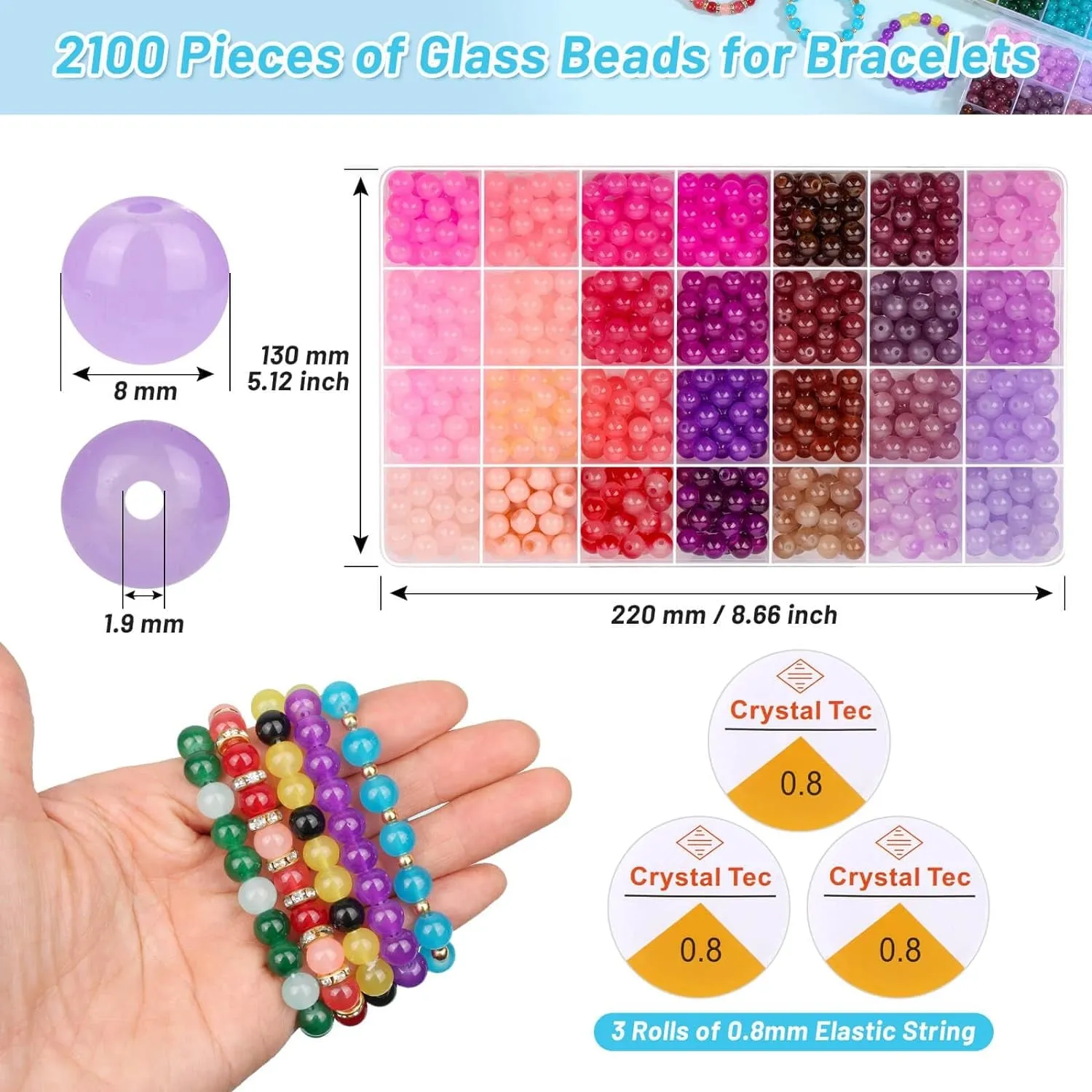 2100 Pieces 8Mm round Glass Beads for Bracelets, 84 Colors Crystal Glass Beads for Jewelry Making and DIY Crafts