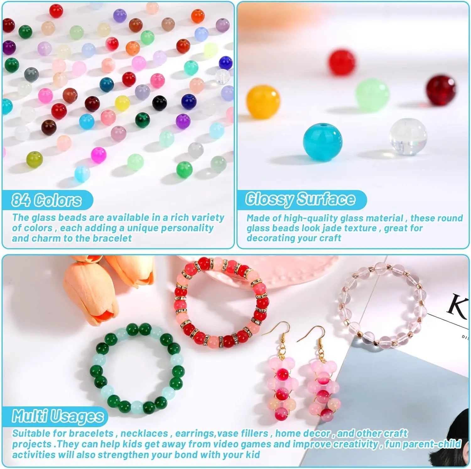 2100 Pieces 8Mm round Glass Beads for Bracelets, 84 Colors Crystal Glass Beads for Jewelry Making and DIY Crafts