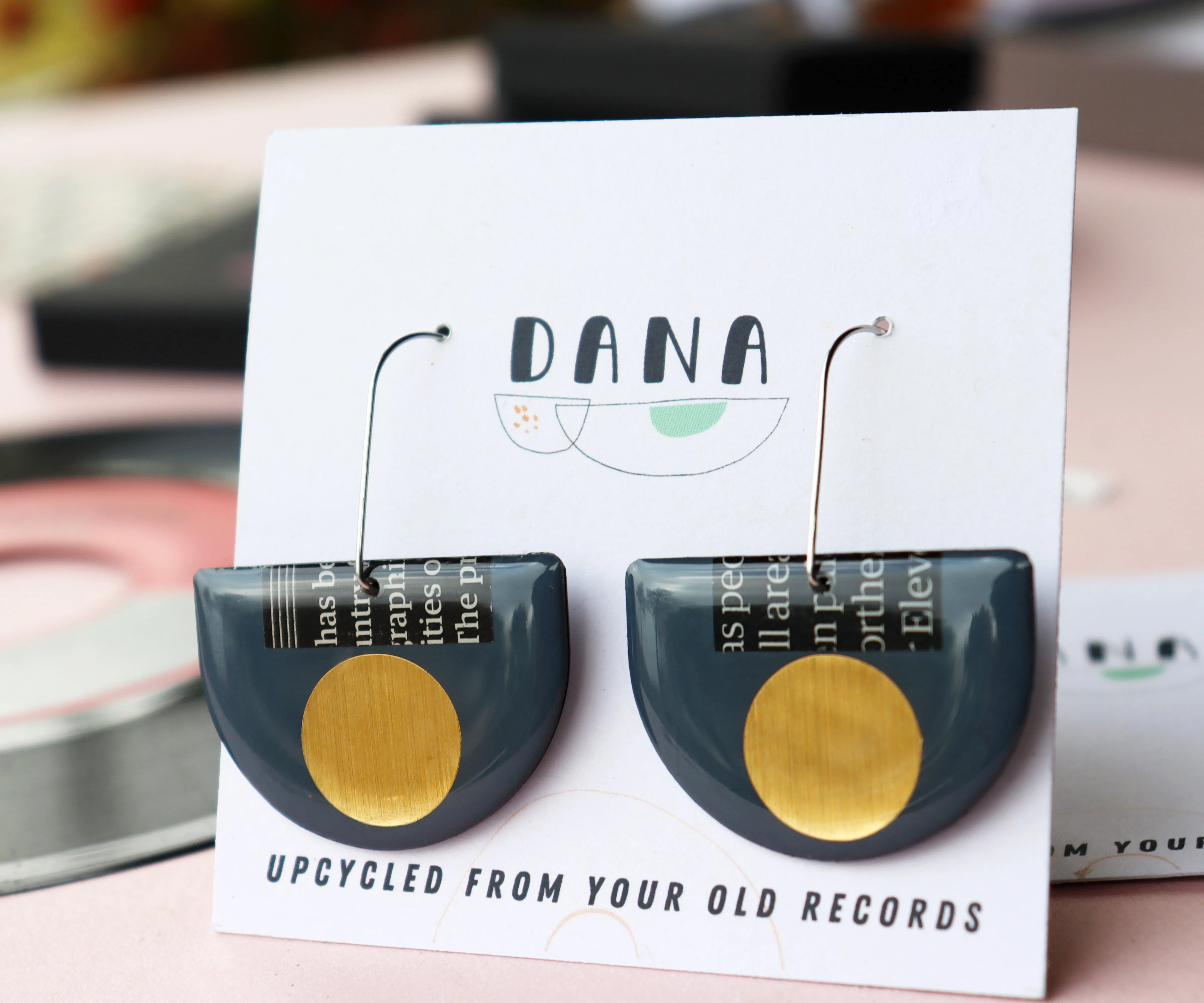 40% OFF /read description/ repurposed vinyl earrings in deep blue grey and gold with a hint of magazine paper