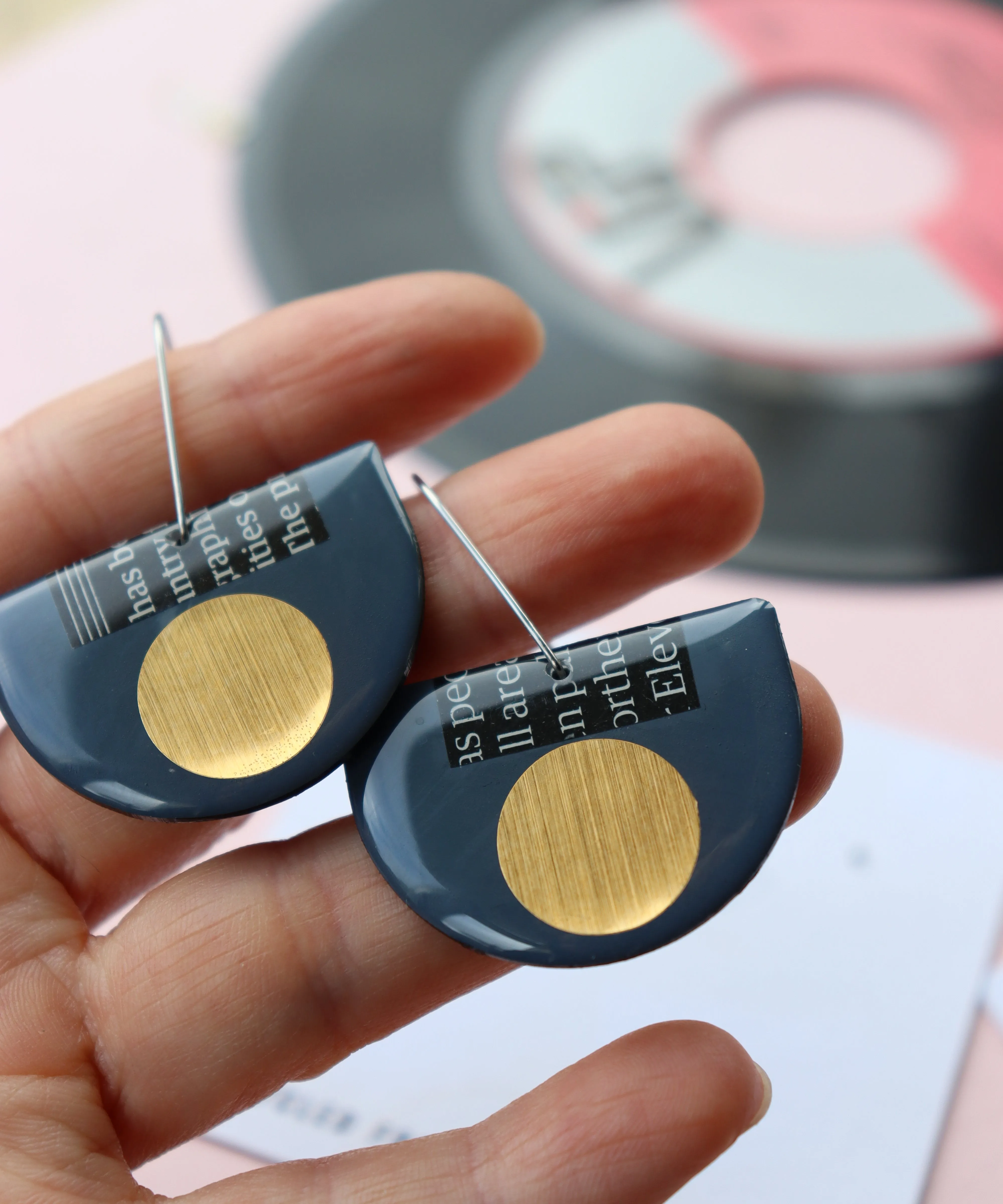 40% OFF /read description/ repurposed vinyl earrings in deep blue grey and gold with a hint of magazine paper