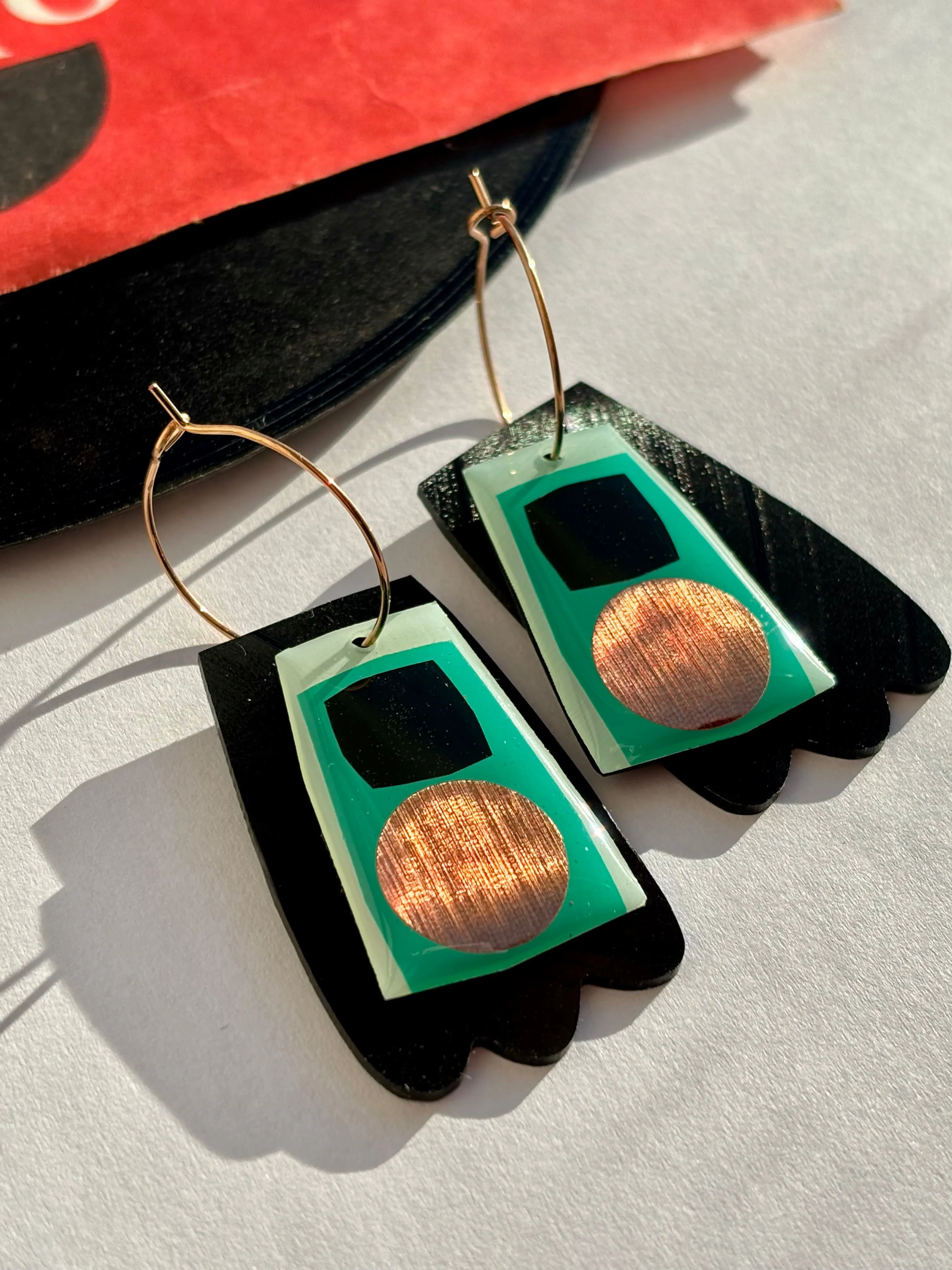 40% OFF Upcycled vinyl record earrings in tealy turquoise black and copper / unique Irish design