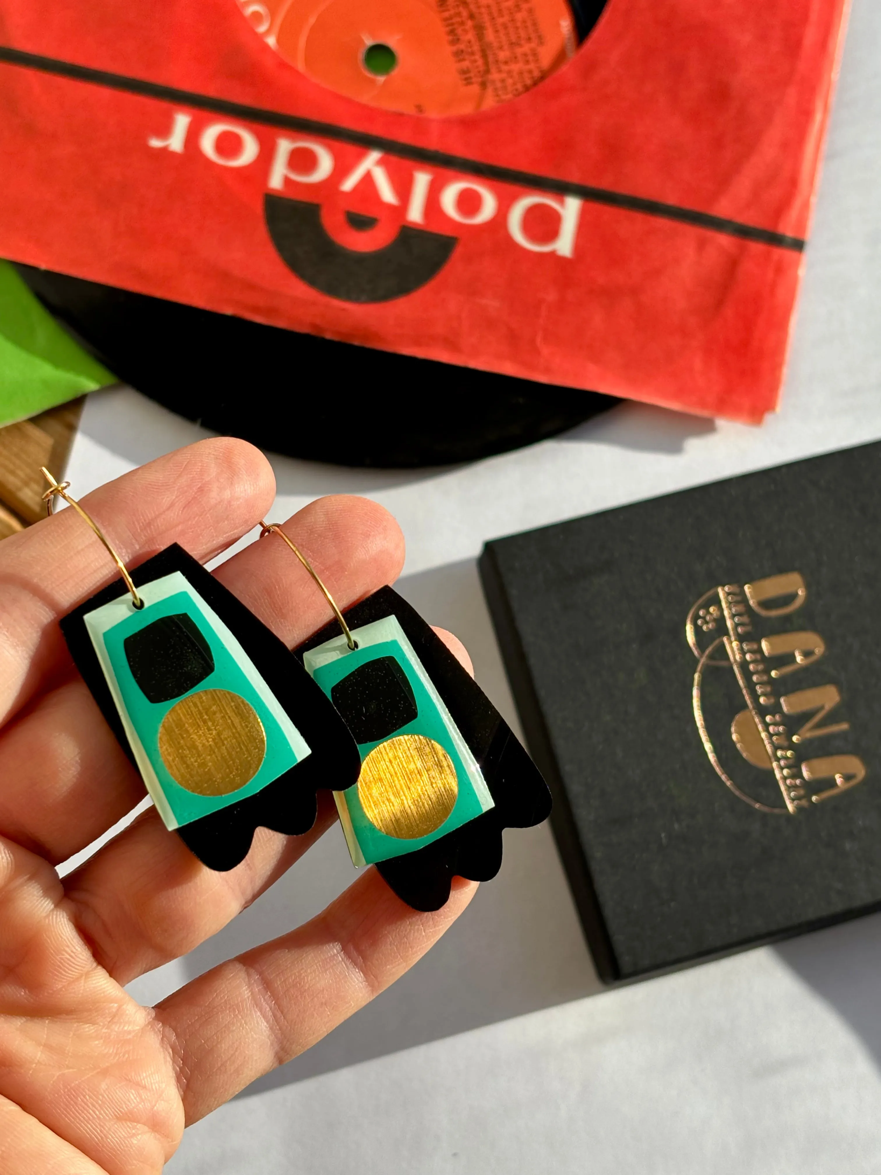 40% OFF Upcycled vinyl record earrings in tealy turquoise black and copper / unique Irish design