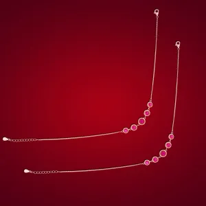 925 Rhodium Sterling Silver Red Halo Stone Anklet For Women