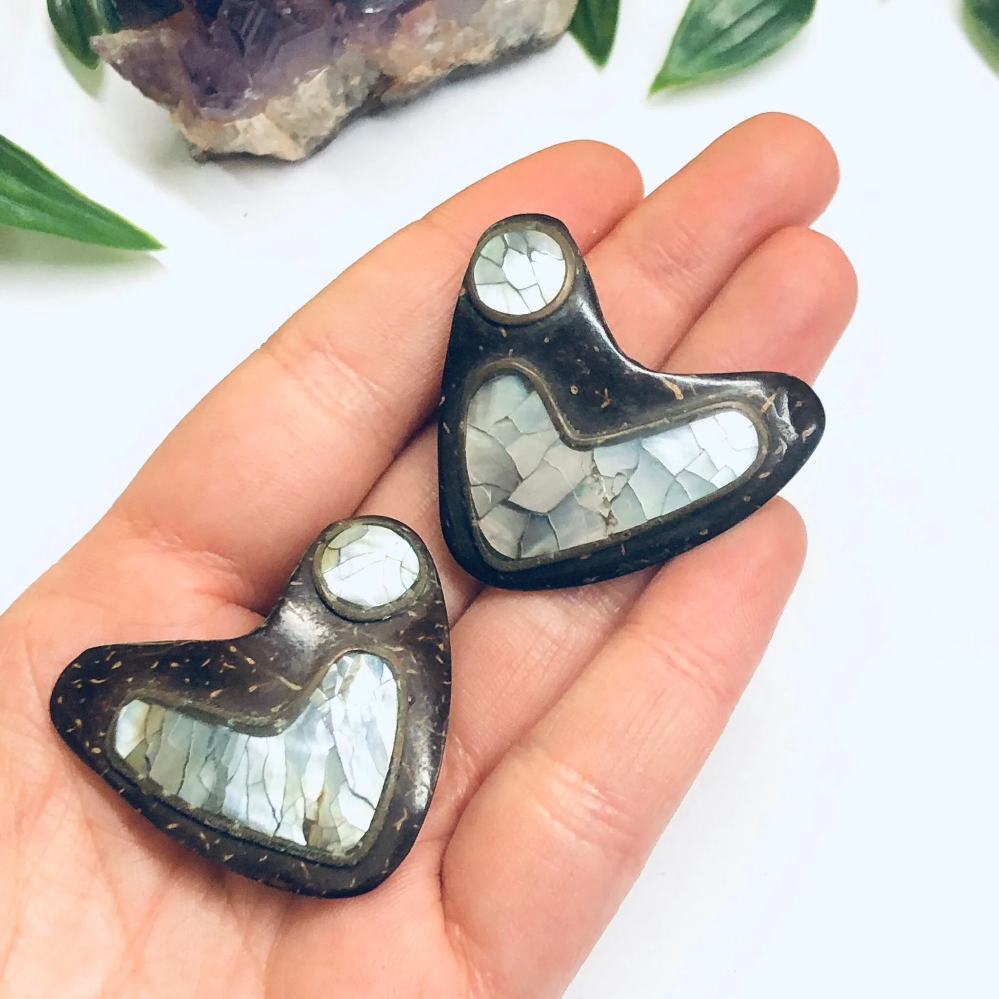 Abalone Clip On Earrings, Boomerang Earrings, Wooden Earrings, Shell Jewelry, Brown Earrings