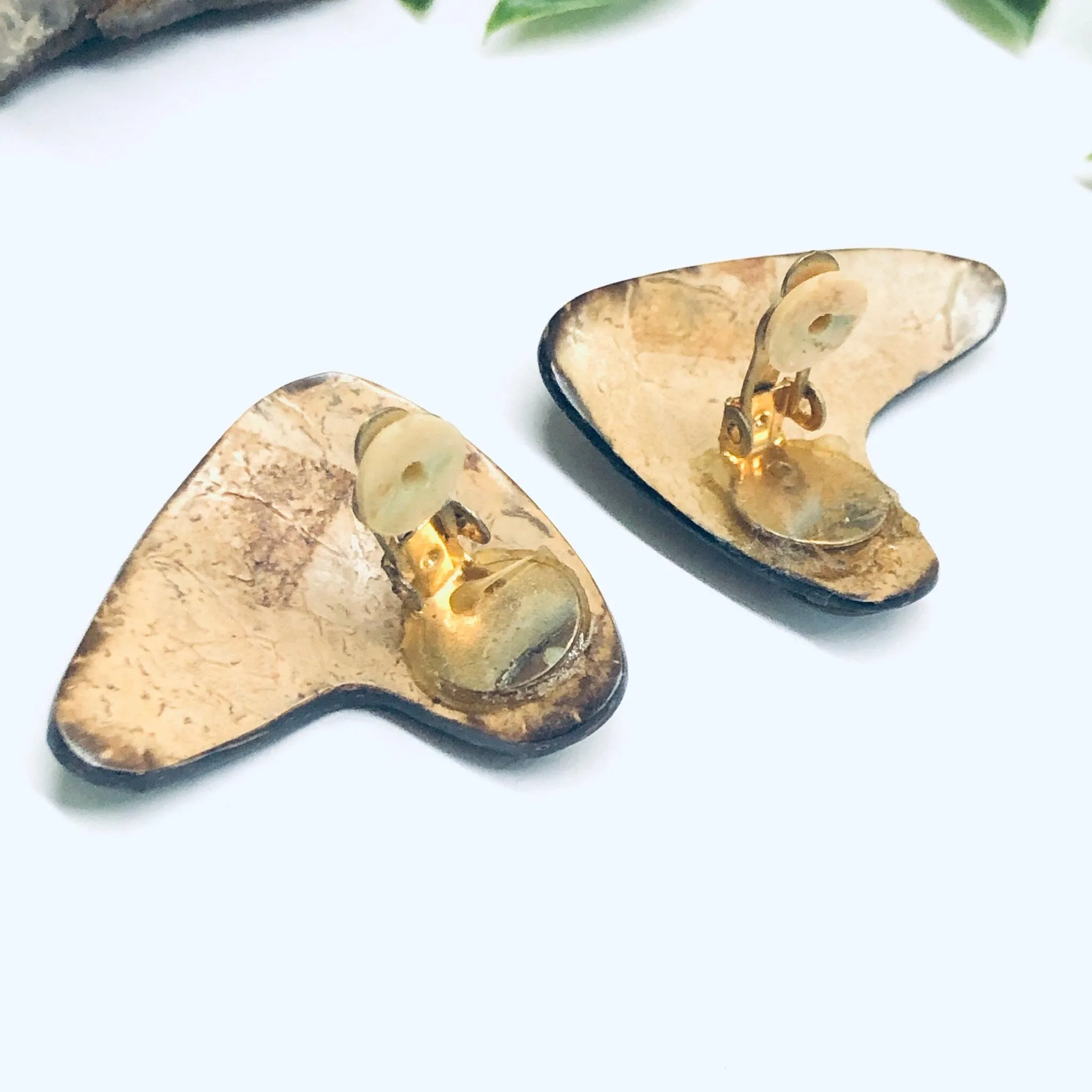 Abalone Clip On Earrings, Boomerang Earrings, Wooden Earrings, Shell Jewelry, Brown Earrings