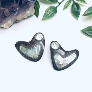 Abalone Clip On Earrings, Boomerang Earrings, Wooden Earrings, Shell Jewelry, Brown Earrings