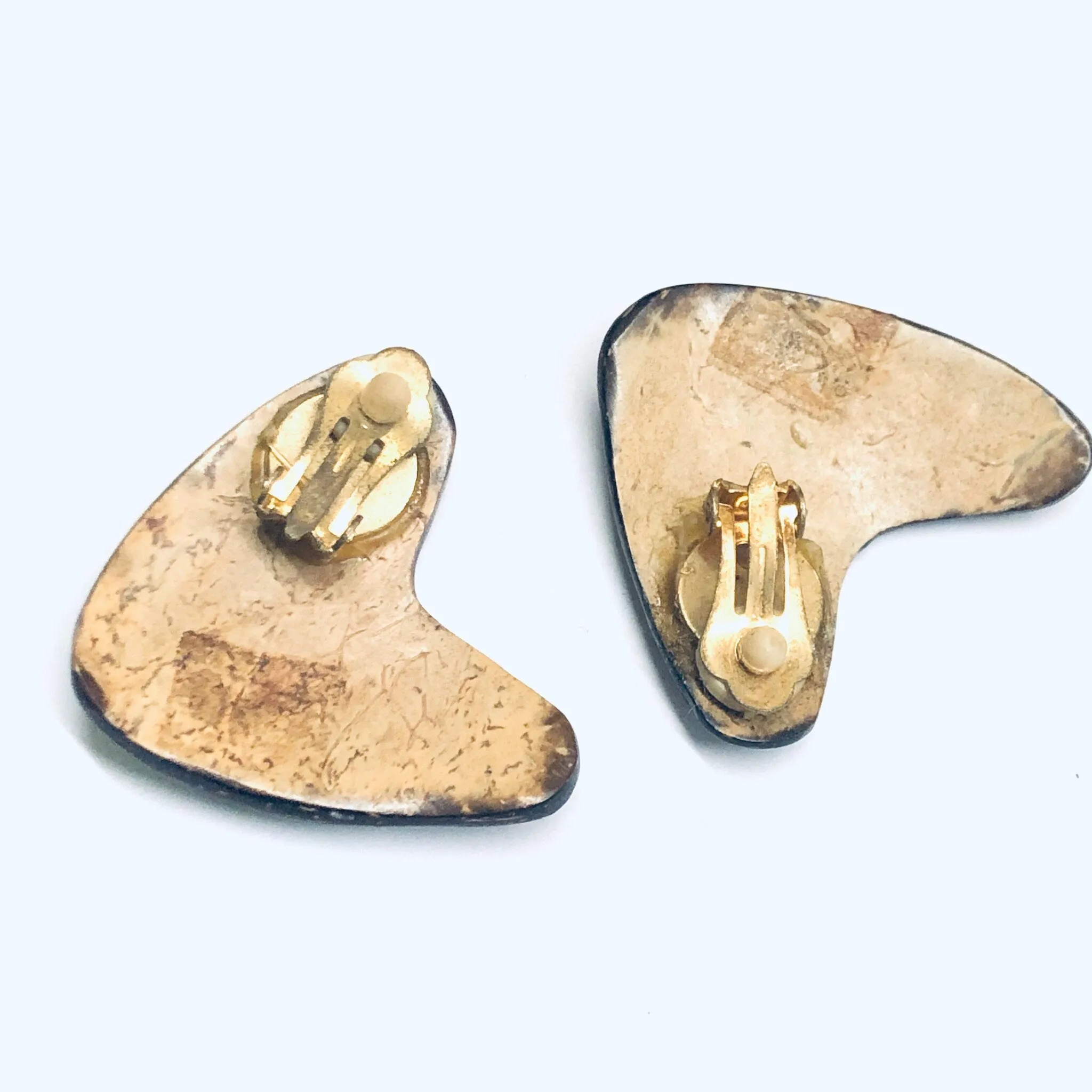 Abalone Clip On Earrings, Boomerang Earrings, Wooden Earrings, Shell Jewelry, Brown Earrings