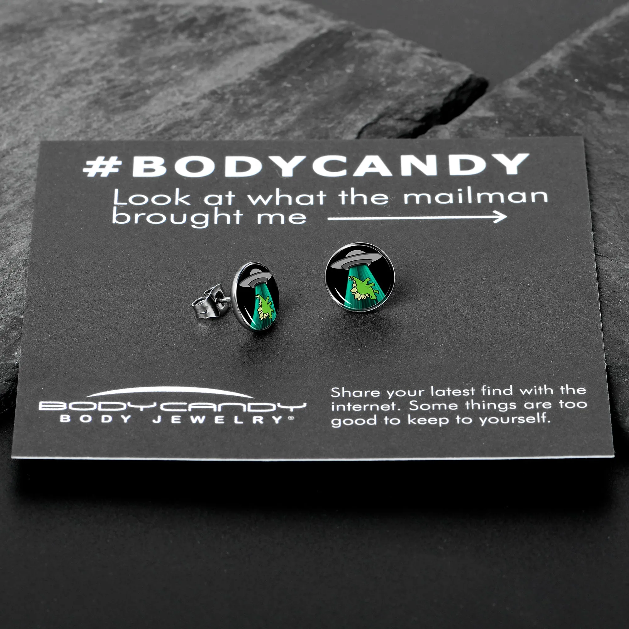 Alien UFO Dinosaur Abduction Stud Earrings Set