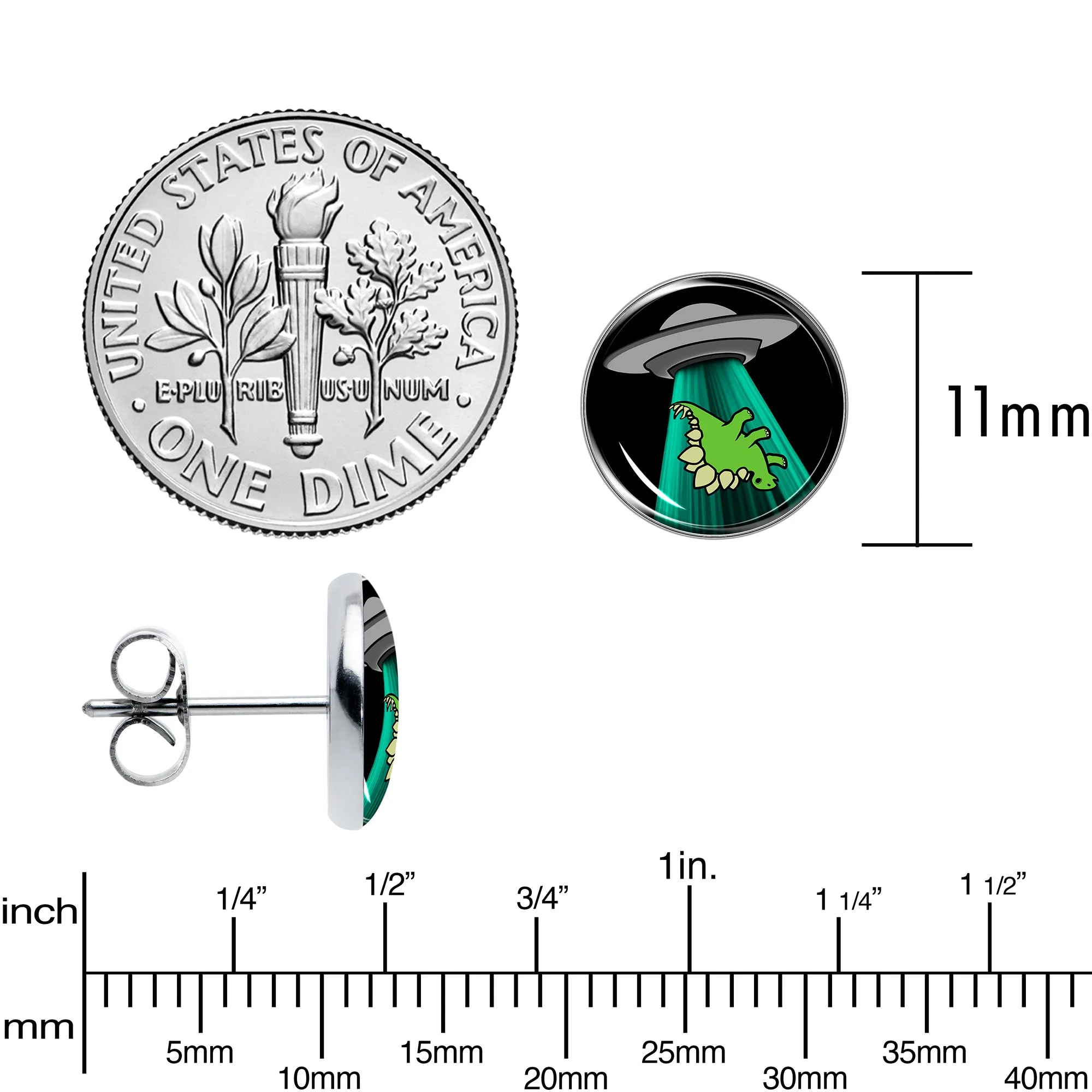 Alien UFO Dinosaur Abduction Stud Earrings Set