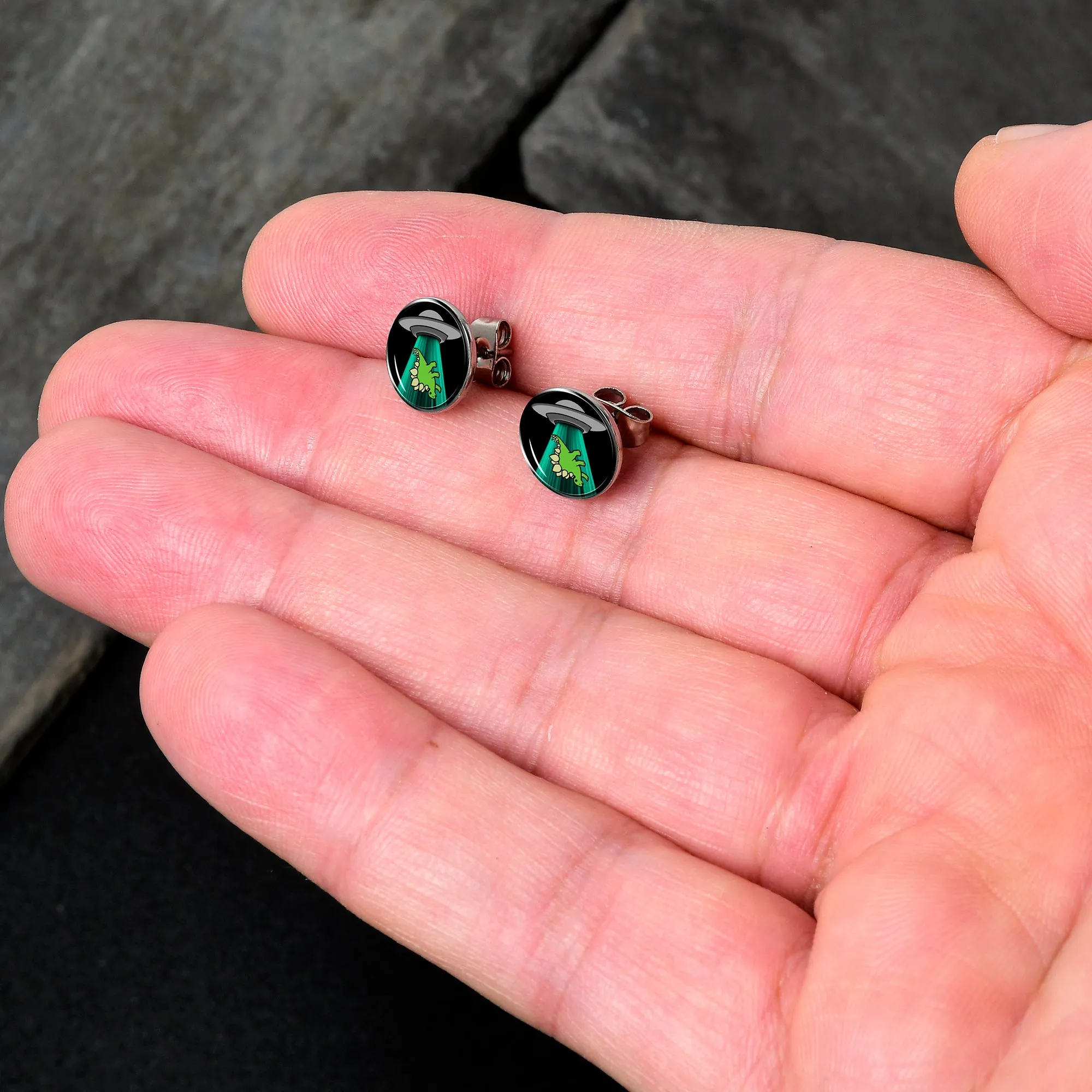 Alien UFO Dinosaur Abduction Stud Earrings Set