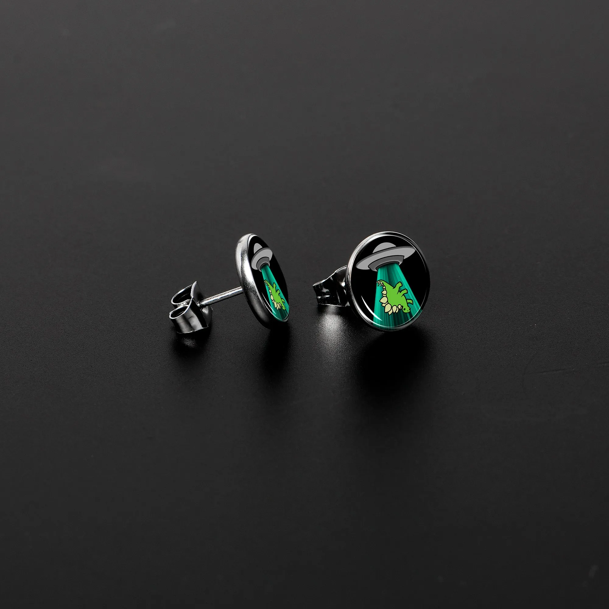 Alien UFO Dinosaur Abduction Stud Earrings Set