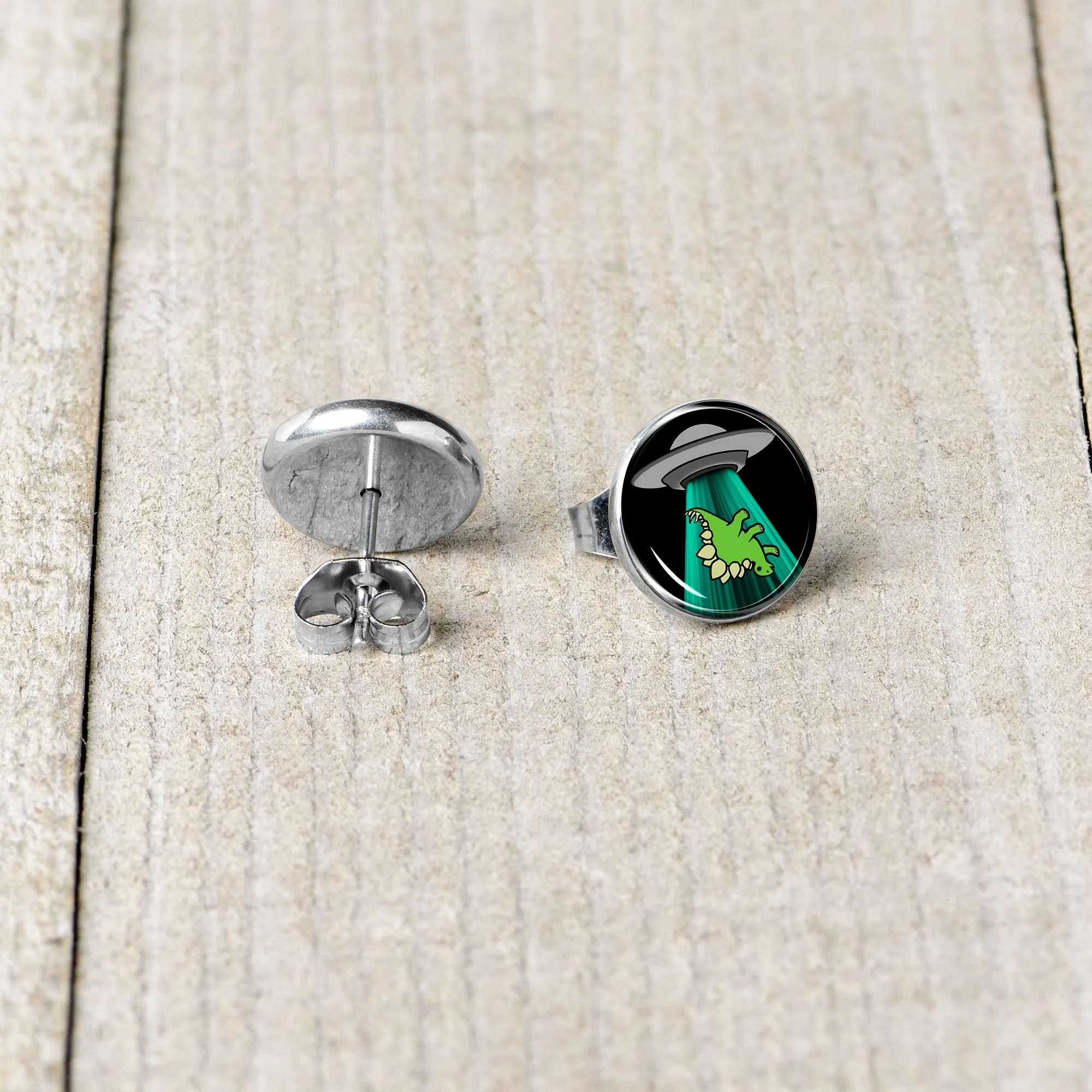 Alien UFO Dinosaur Abduction Stud Earrings Set
