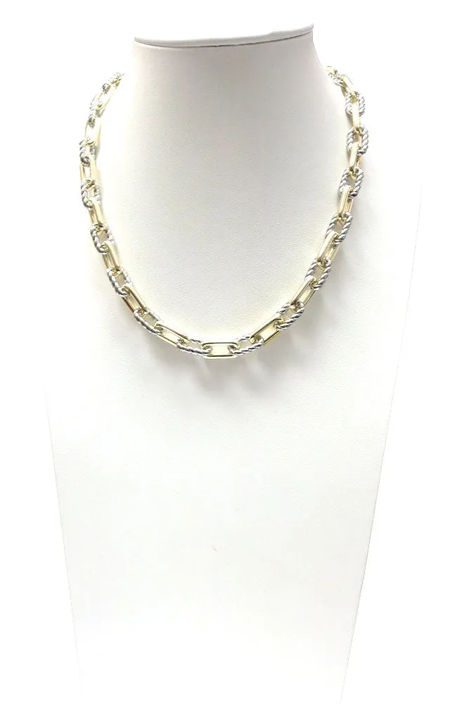 Alternating Silver Rope Link with Gold Link Chain Necklace