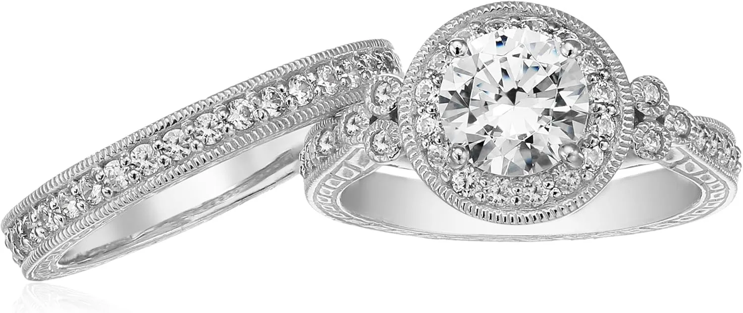 Amazon Essentials Plated Sterling Silver Antique Rings set made with Infinite Elements Cubic Zirconia (previously Amazon Collection)
