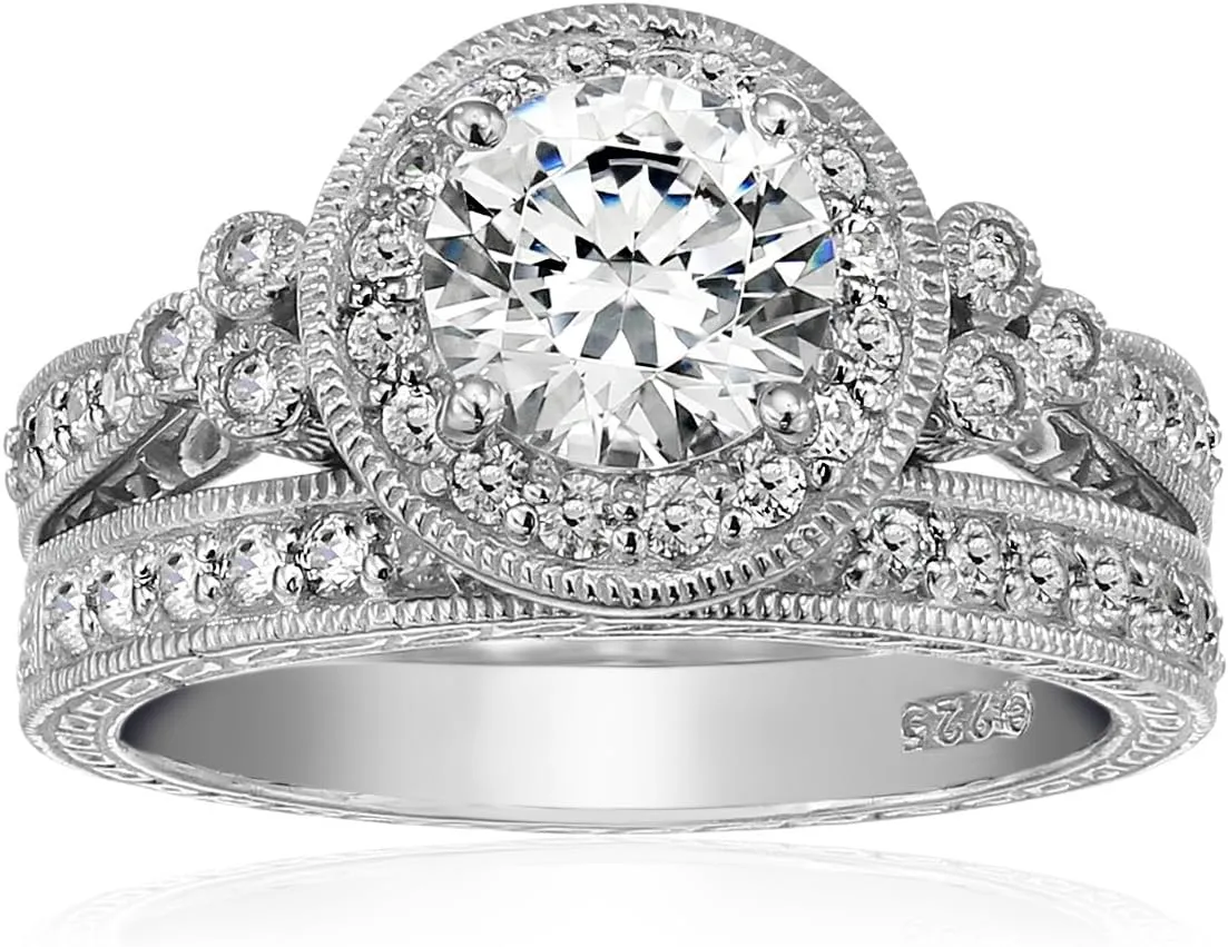 Amazon Essentials Plated Sterling Silver Antique Rings set made with Infinite Elements Cubic Zirconia (previously Amazon Collection)