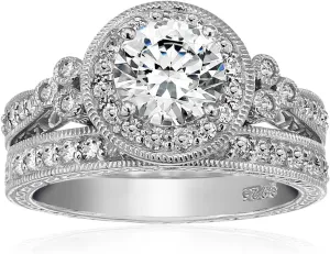 Amazon Essentials Plated Sterling Silver Antique Rings set made with Infinite Elements Cubic Zirconia (previously Amazon Collection)
