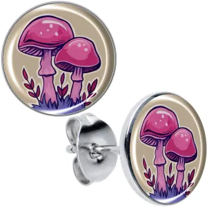 Artist Drawn Pink Mushrooms Stud Earrings