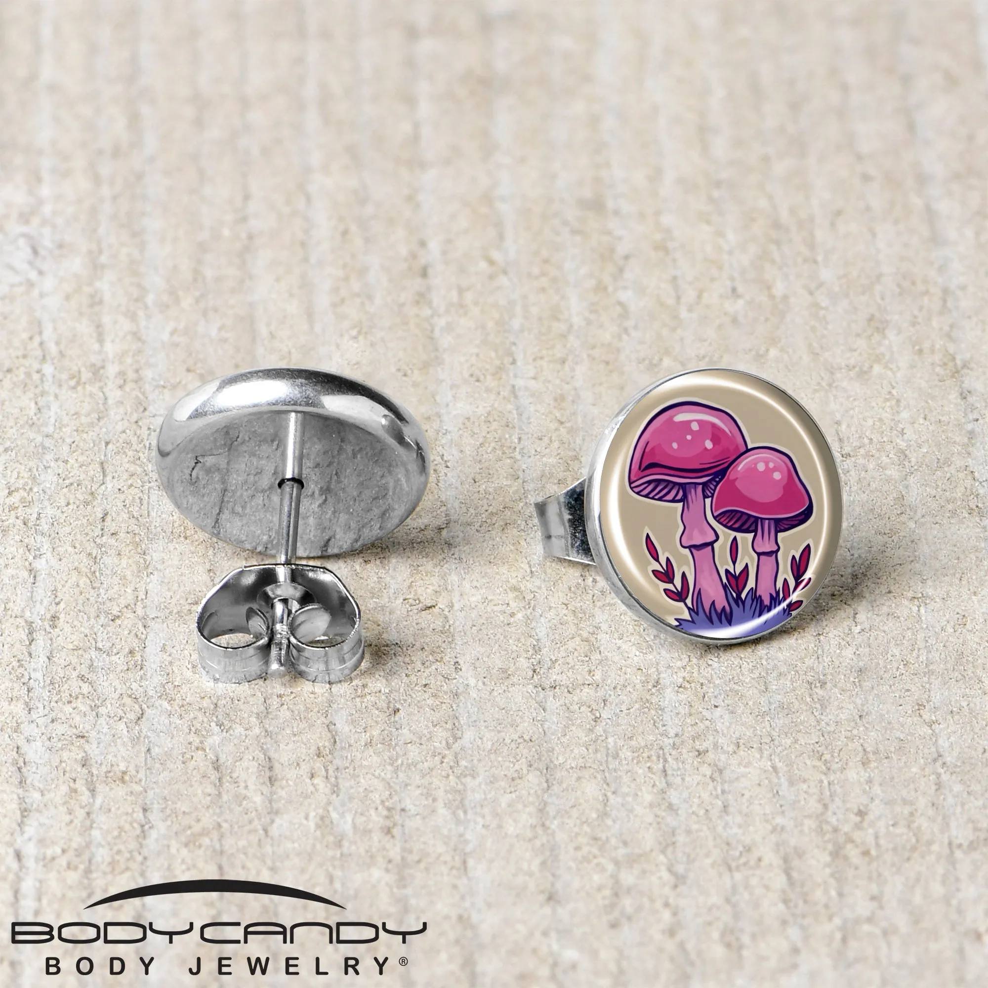 Artist Drawn Pink Mushrooms Stud Earrings