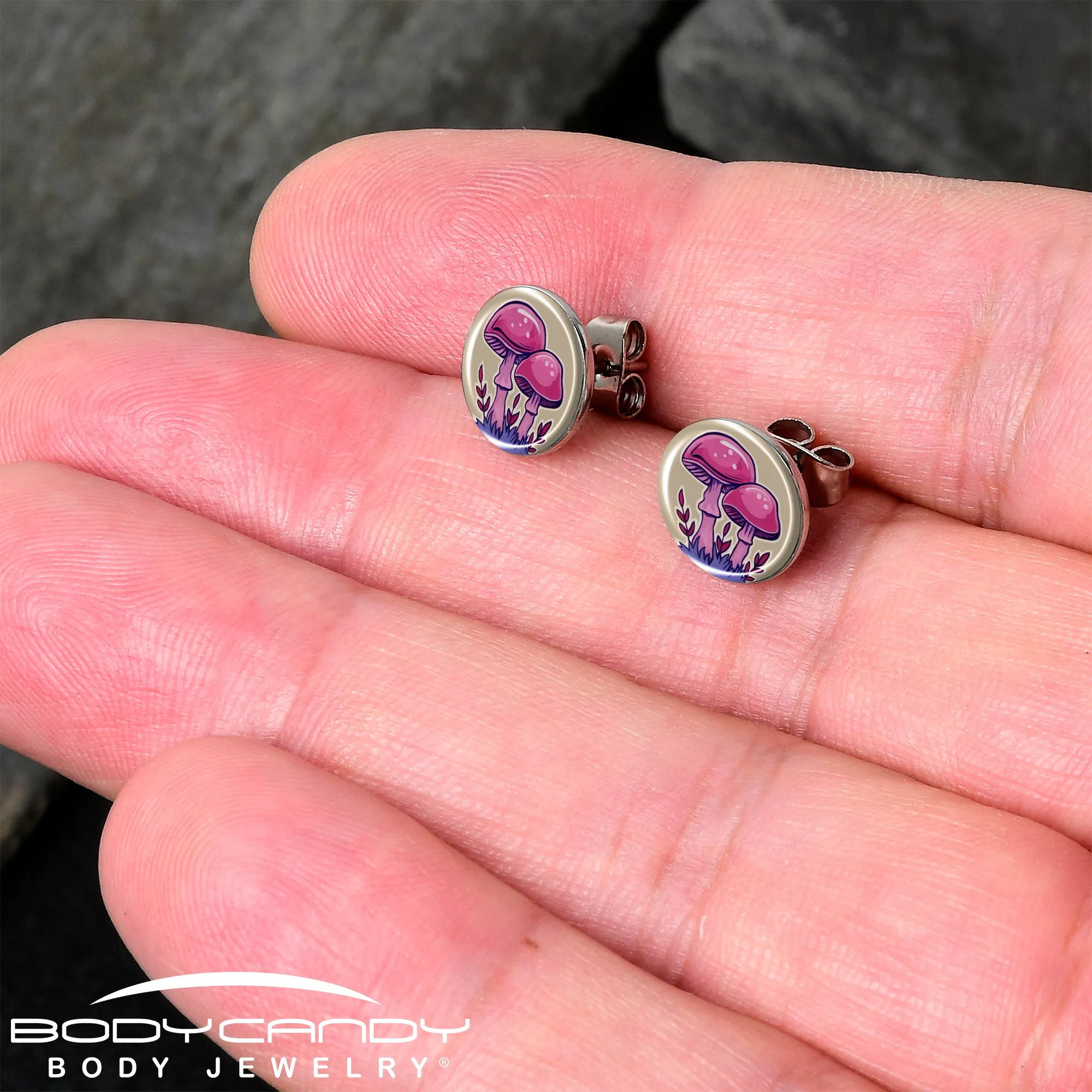 Artist Drawn Pink Mushrooms Stud Earrings