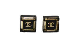 Authentic Chanel Black and Gold CC Resin Square Timeless Classic Earrings