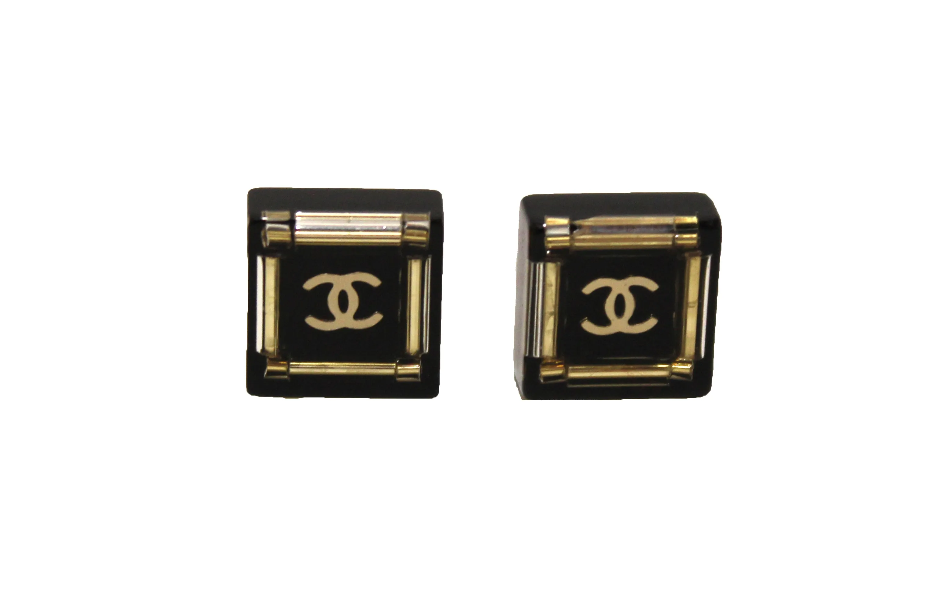 Authentic Chanel Black and Gold CC Resin Square Timeless Classic Earrings
