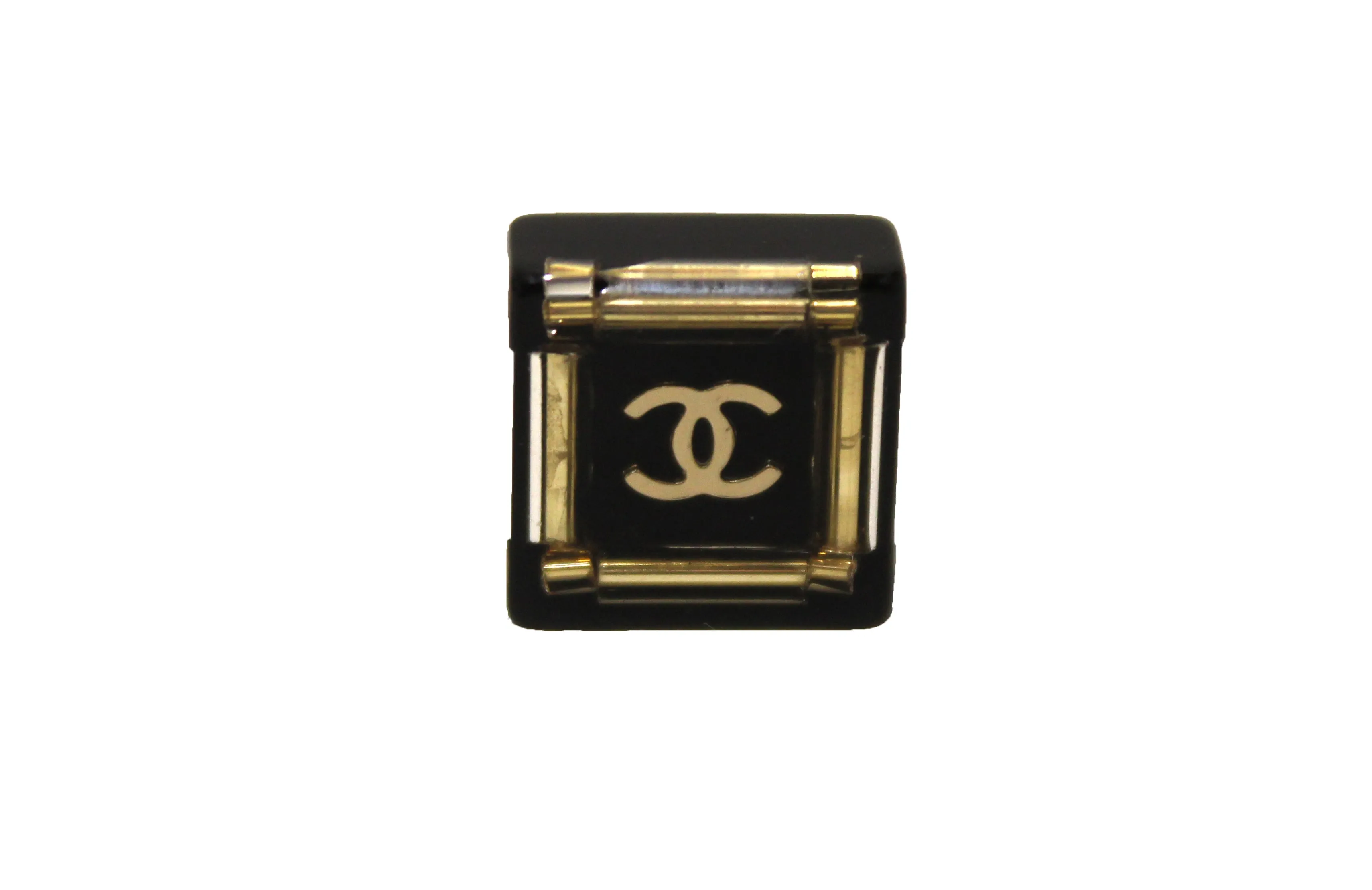 Authentic Chanel Black and Gold CC Resin Square Timeless Classic Earrings
