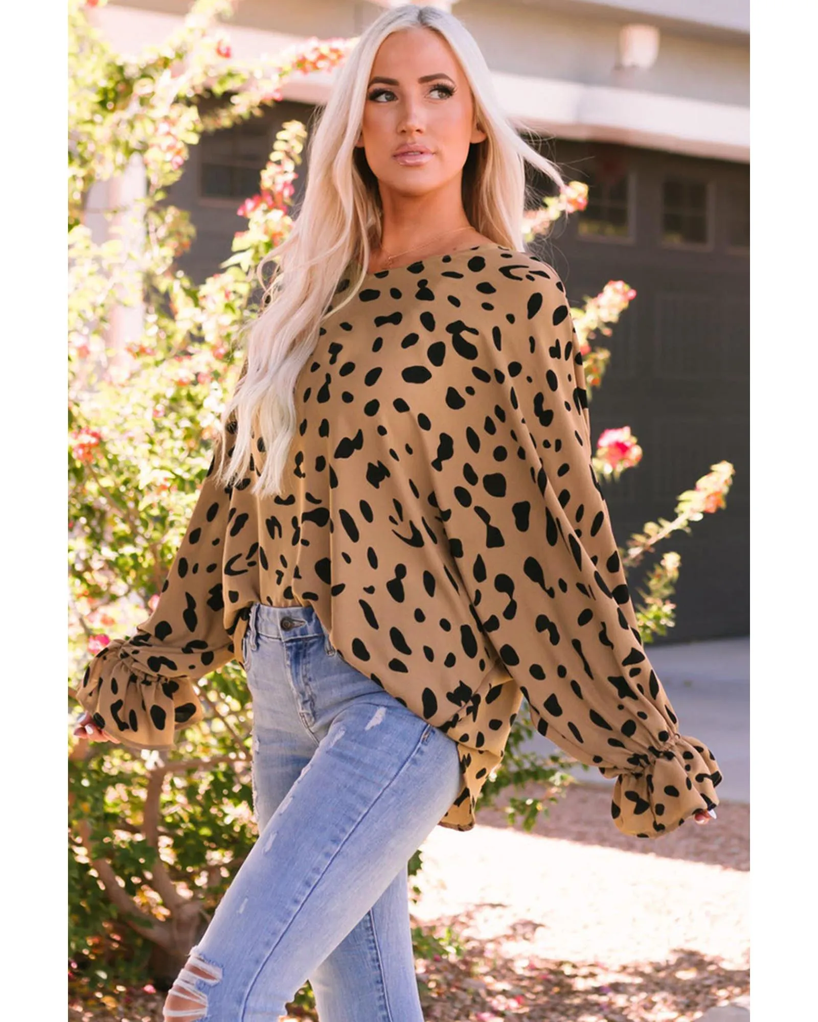 Azura Exchange V Neck Ruffled Cuffs Loose Blouse - M