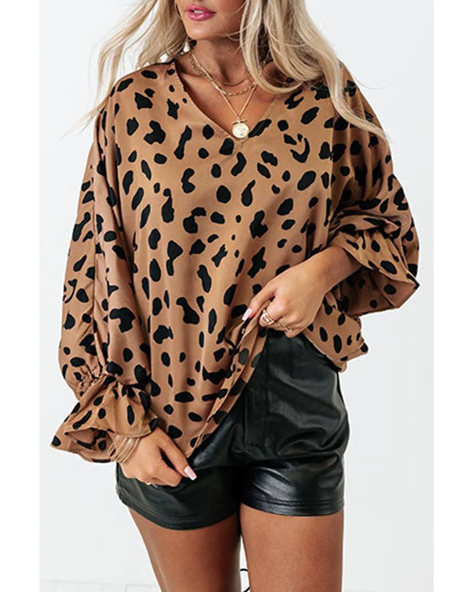 Azura Exchange V Neck Ruffled Cuffs Loose Blouse - M
