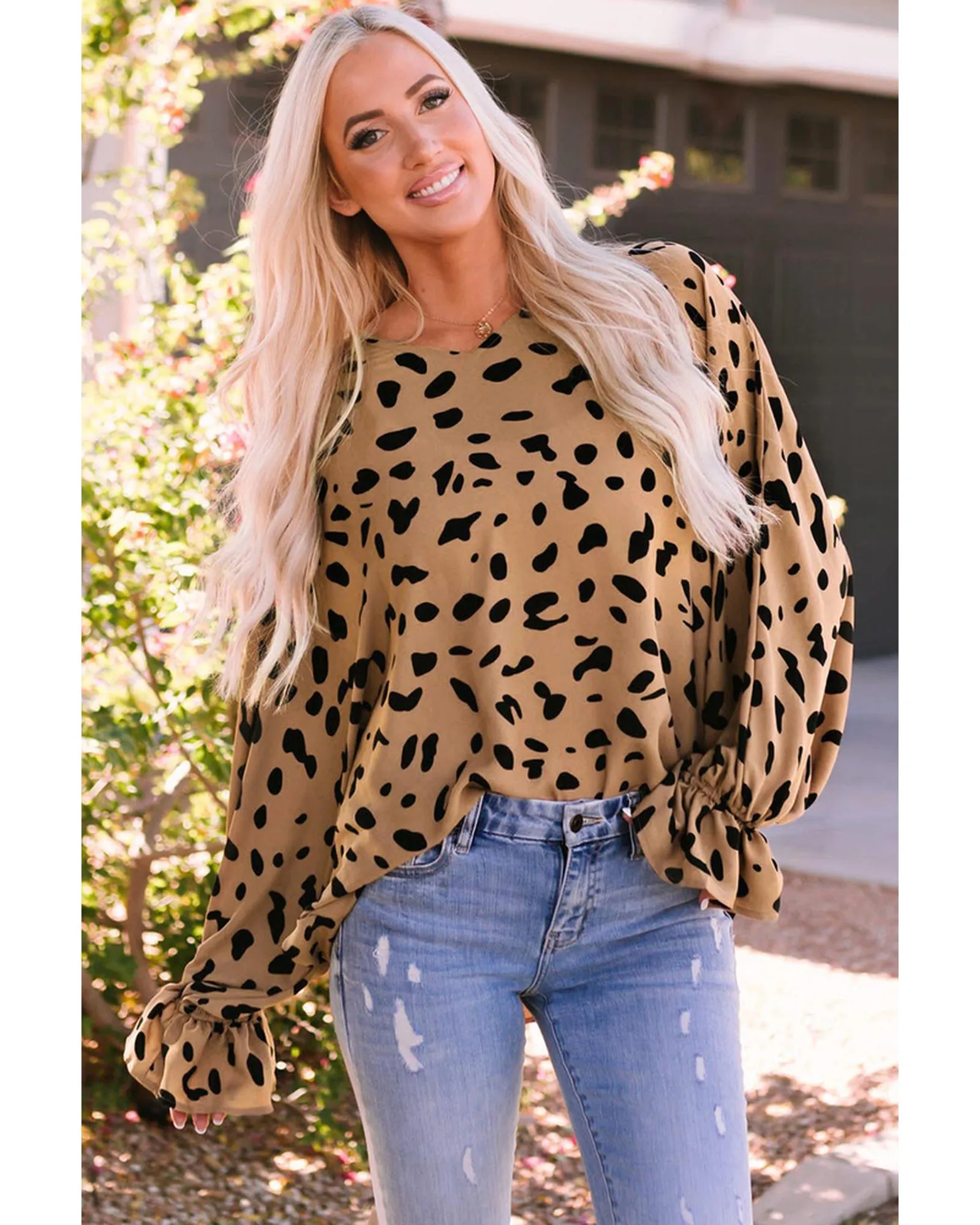 Azura Exchange V Neck Ruffled Cuffs Loose Blouse - M