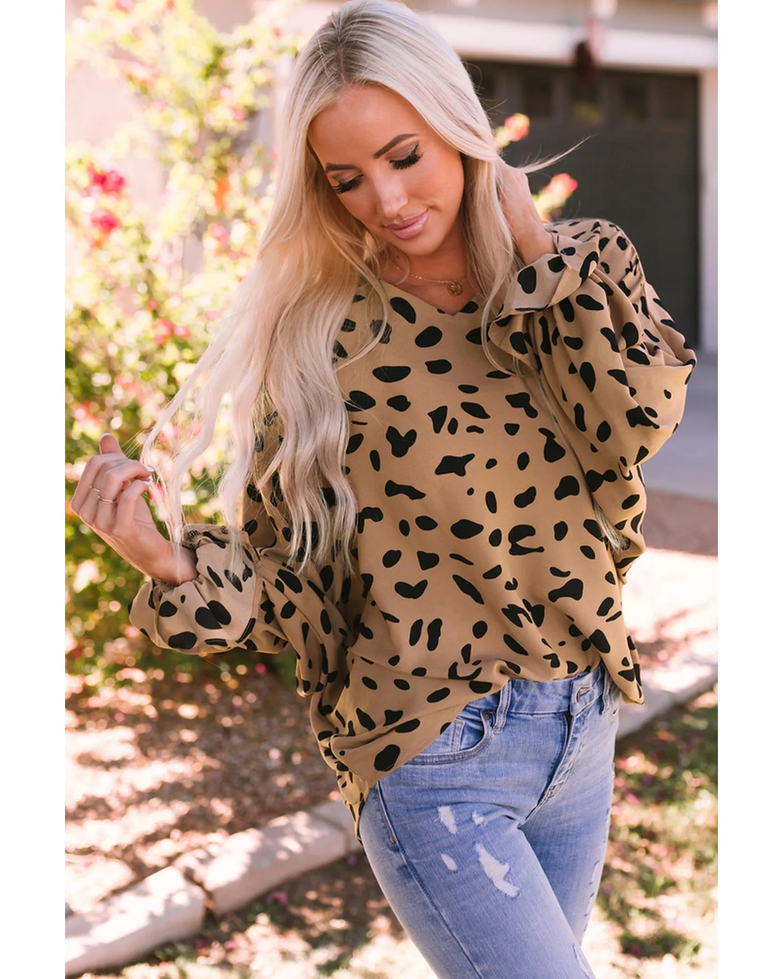 Azura Exchange V Neck Ruffled Cuffs Loose Blouse - M