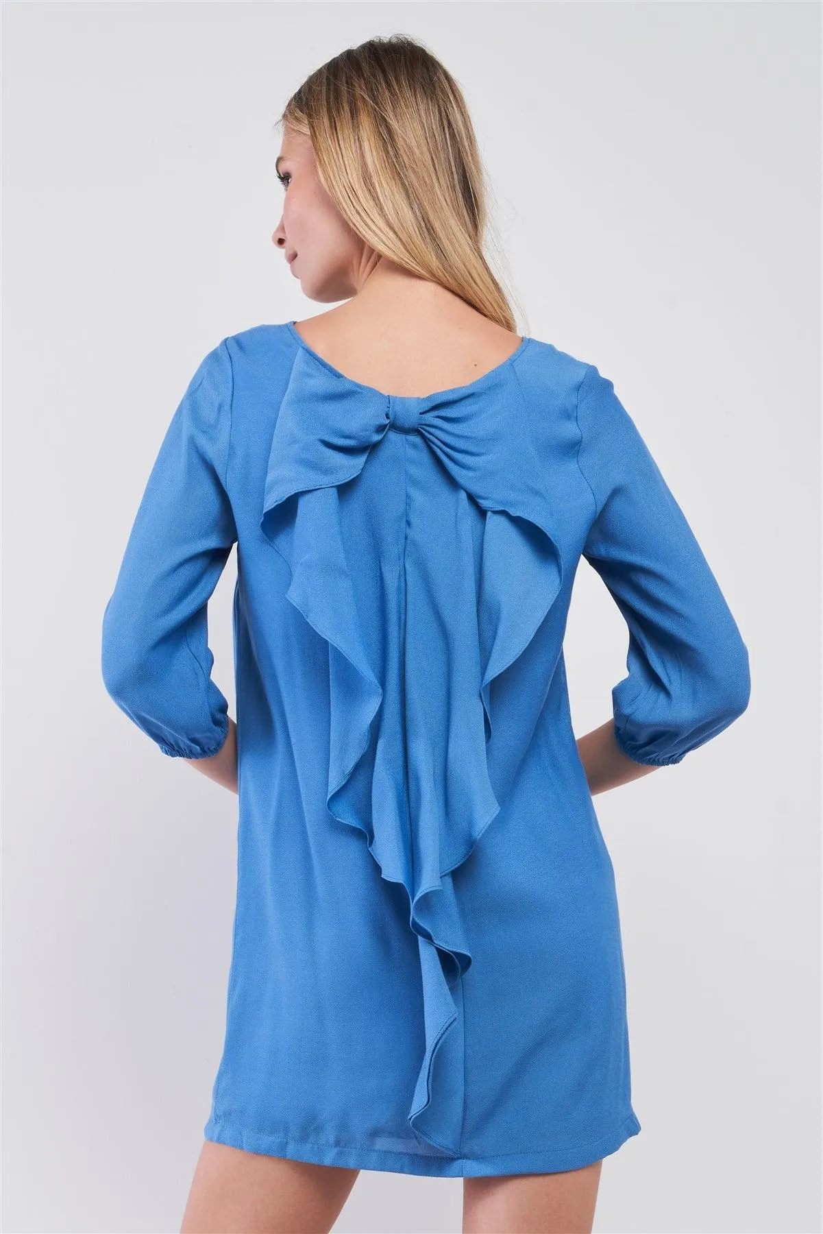Azure Blue Balloon Sleeve Bow Back Detail Straight-Cut Loose Mini Dress /3-3