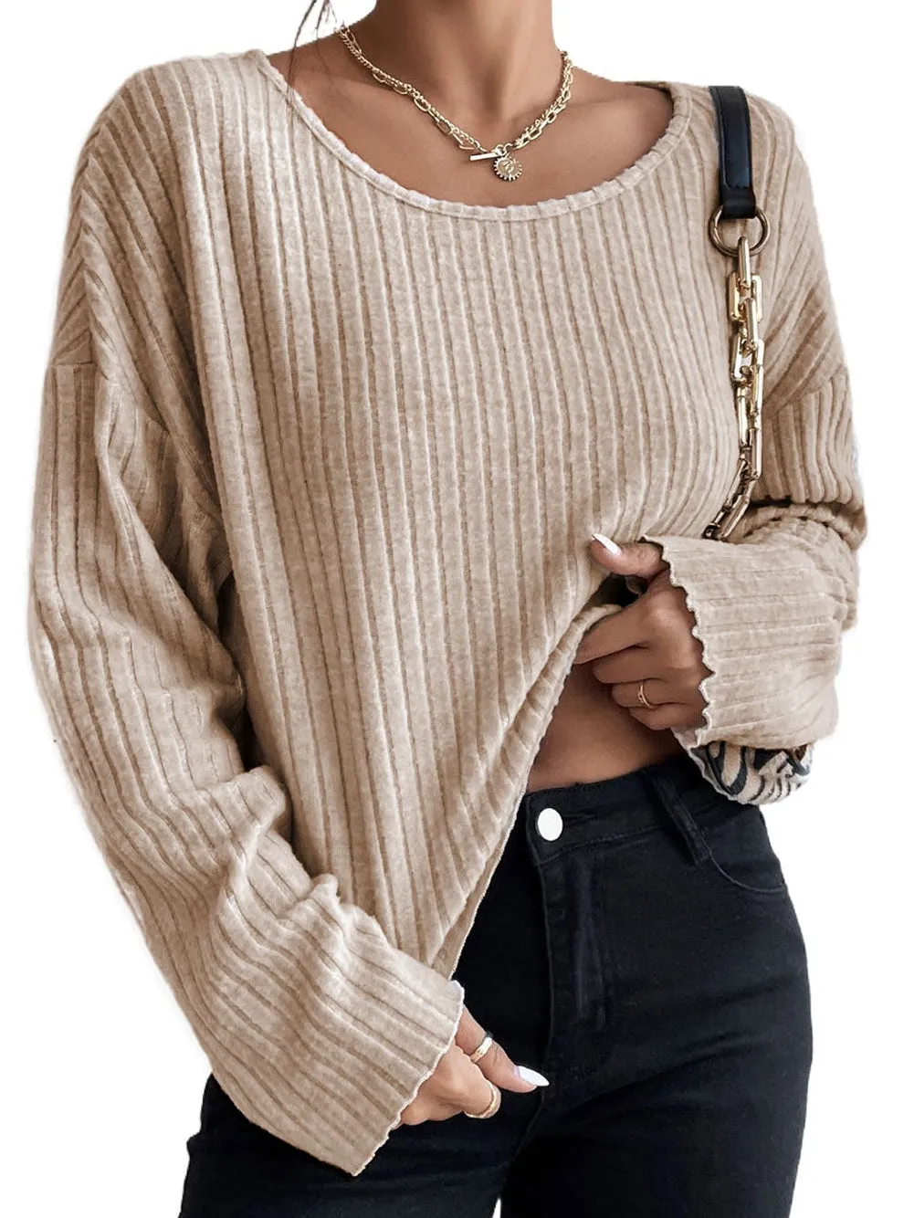 Beige Ribbed Knit Top with Lettuce Cuffs
