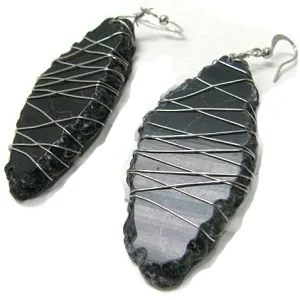 Black Agate Slabs Wire Wrapped Silvertone Hook Earrings