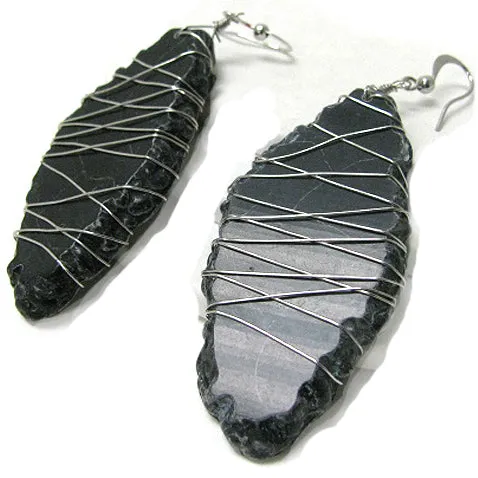 Black Agate Slabs Wire Wrapped Silvertone Hook Earrings