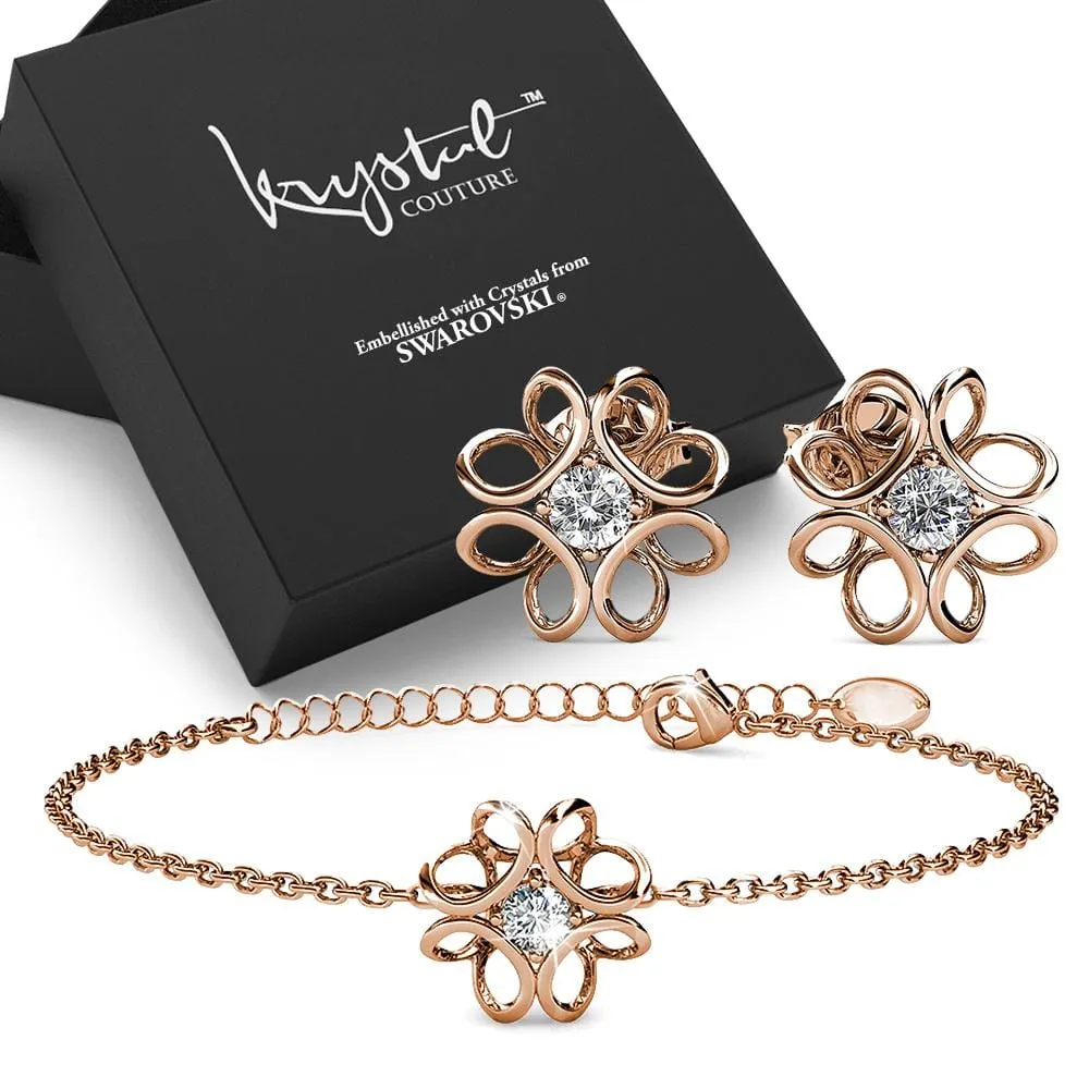 Boxed Rose Gold Blooming Flower Bracelet & Daffodil Hologram Stud Earrings Embellished with SWAROVSKI® Crystals Set